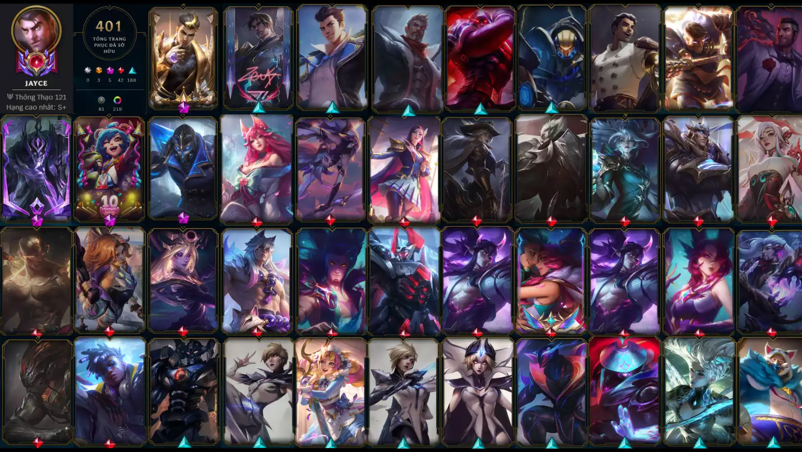 ACC 5VS5 DƯ 9 HUY CHƯƠNG ĐỔI PET TÍM TÍ NỊ  FULL SKIN JAYCE 1TR3 THÔNG THẠO JAYCE  SKIN : 401 FULL TƯỚNG , LV : 607, ĐA SẮC : 222,DƯ 113K THL,  RANK VÀNG 1 DD LB LH, CÒN ĐỔI TÊN